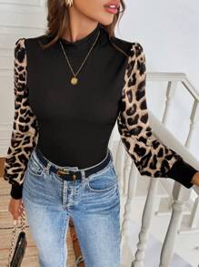 Easowa Women Seductive Black Leopard Print High Collar Puff Sleeve Blouse,Autumn Casual Commuter Elegant Top For Night Out,Business Office Wear Graphic Tees - Black - View 6