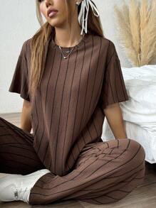 SHEIN EZwear 女士条纹宽松T恤和裤子套装 - 棕色 - 查看 6