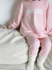 Dazy Kids 2pcs/Set Young Girl Round Neck Letter Knit Fleece Sweatshirt And Leggings, Fall Outfit, Winter - Pink - View 7