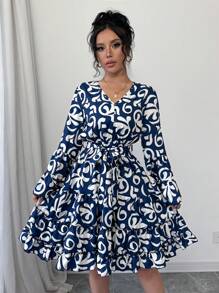 Chiquease V-Neck Geometric Print Flared Sleeve Women's Dress - Navy Blue - View 5