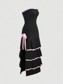 SHEIN Unity Vestido para pastel con ribete de encaje para mujeres (corte aleatorio de ribete de encaje) - Negro - Ver 1