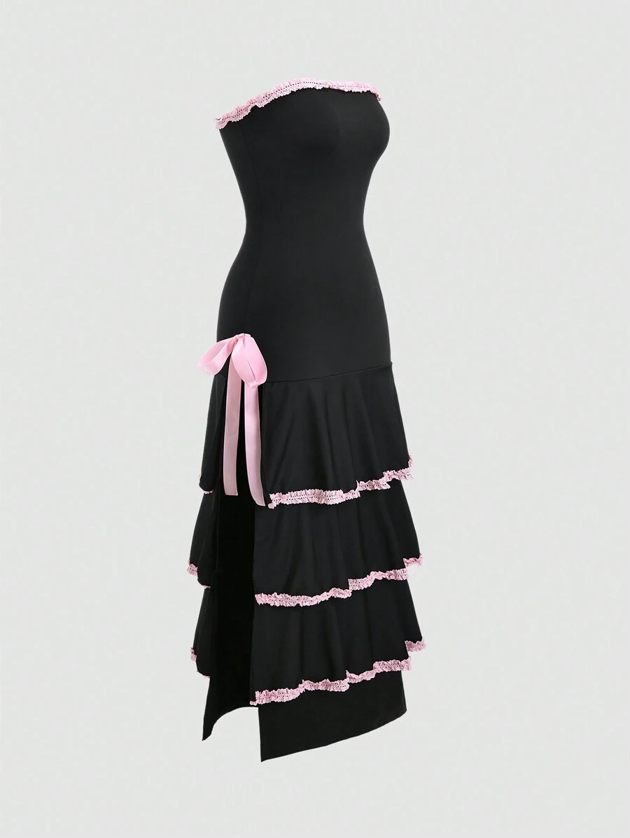 SHEIN Unity Lace Trim Cake Dress For Women (Lace Trim Random Cut) - Black - View 1