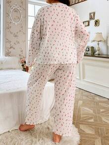 Conjunto de pijama de manga larga con lazo y estampado floral diminuto - Multicolor - Ver 2