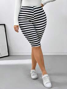 SHEIN Essnce 大码女式提臀紧身条纹印花打底裤，灰色 - 黑與白 - 查看 3