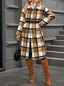 SHEIN LUNE 女士秋冬长款格子羊毛混纺大衣，翻领，大口袋，保暖