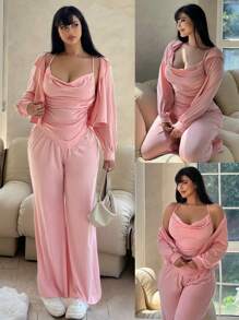 Flirla Plus Size Áo cổ lọ màu trơn không tay kèm áo khoác và quần có mũ trùm đầu - Hồng - Xem 1