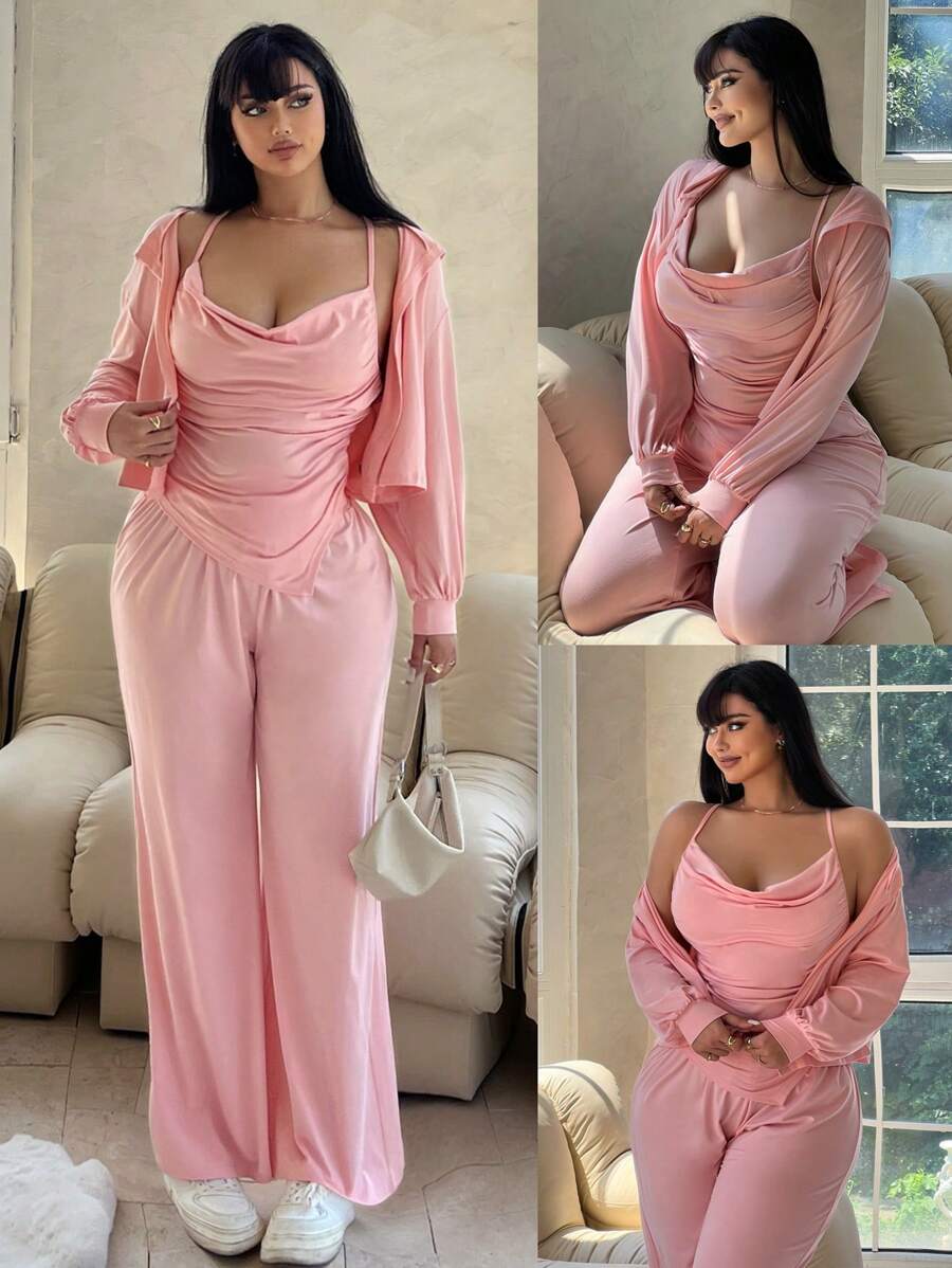 Flirla Plus Size Áo cổ lọ màu trơn không tay kèm áo khoác và quần có mũ trùm đầu - Hồng - Xem 1