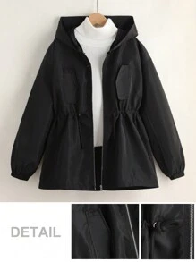 SHEIN Dziewczęca kurtka wiatrówka z kapturem w luźnym kroju, w jednolitym kolorze, z długim rękawem i ściągaczem w pasie