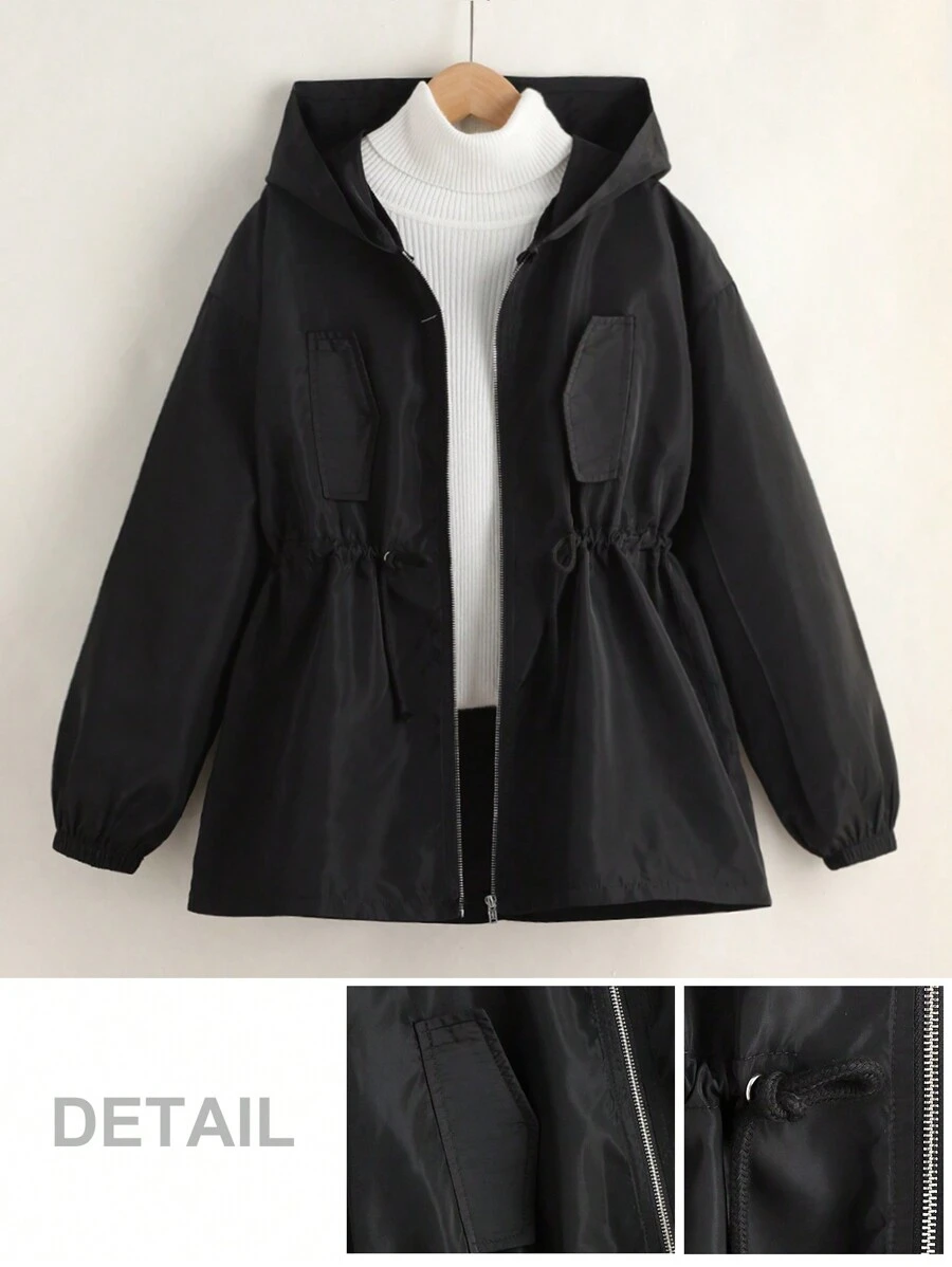 SHEIN Dziewczęca kurtka wiatrówka z kapturem w luźnym kroju, w jednolitym kolorze, z długim rękawem i ściągaczem w pasie