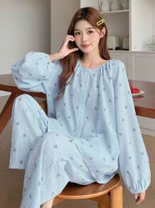 DAZY 全印花长袖休闲睡衣套装（含圆领衬衫和裤子） - 藍色 - 查看 3