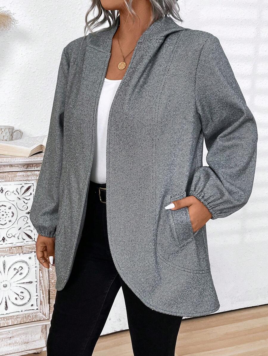 Plus Size Solid Color Long Sleeve Simple Hooded Cardigan, Casual Everyday Wear - Grey - View 1