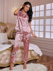 Floral Print Satin Lapel Pajama Set - Coral Pink - View 3