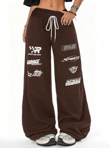 SHEIN EZwear Pantalón de chándal holgado de cintura alta y pierna recta con cordón, eslogan de deportes de carreras casual, talla grande, otoño e invierno