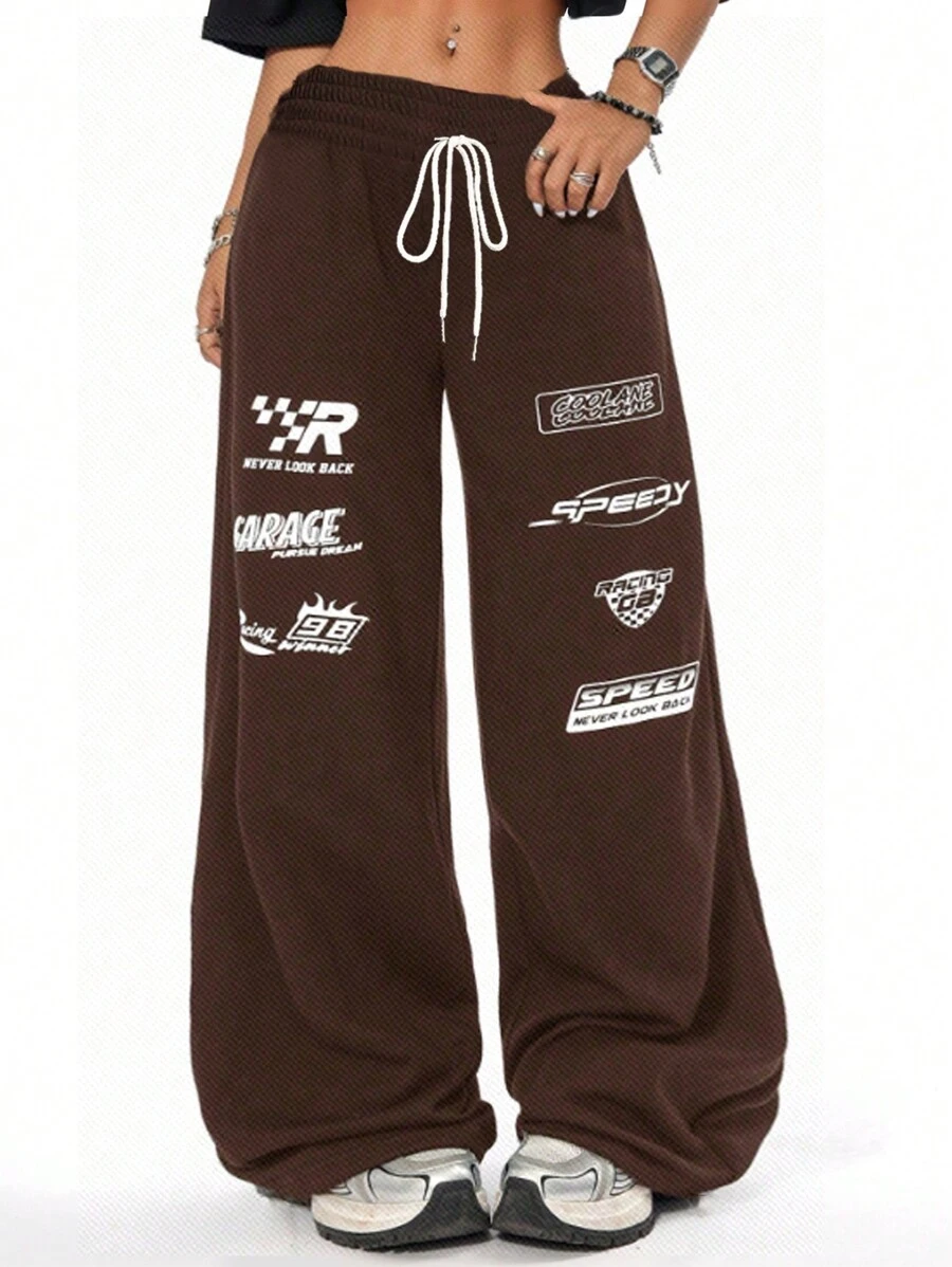 SHEIN EZwear Pantalón de chándal holgado de cintura alta y pierna recta con cordón, eslogan de deportes de carreras casual, talla grande, otoño e invierno