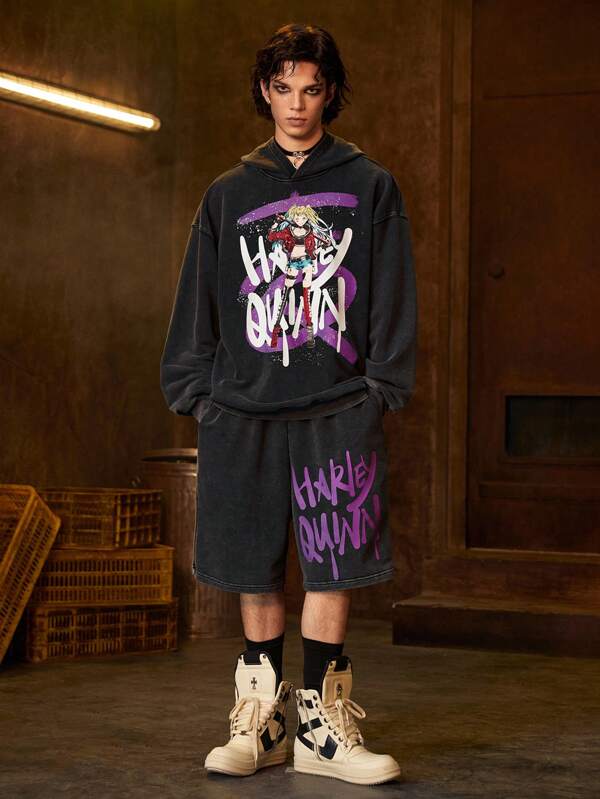 ROMWE MEN Harley Quinn | ROMWE Men's Vintage Cartoon Figure Graphic Washed Hooded Sweatshirt & Shorts