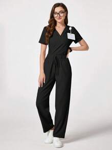 TaskEZ 纯色 V 领口袋短袖上衣和裤子制服套装，手术服套装 - 黑色 - 查看 6