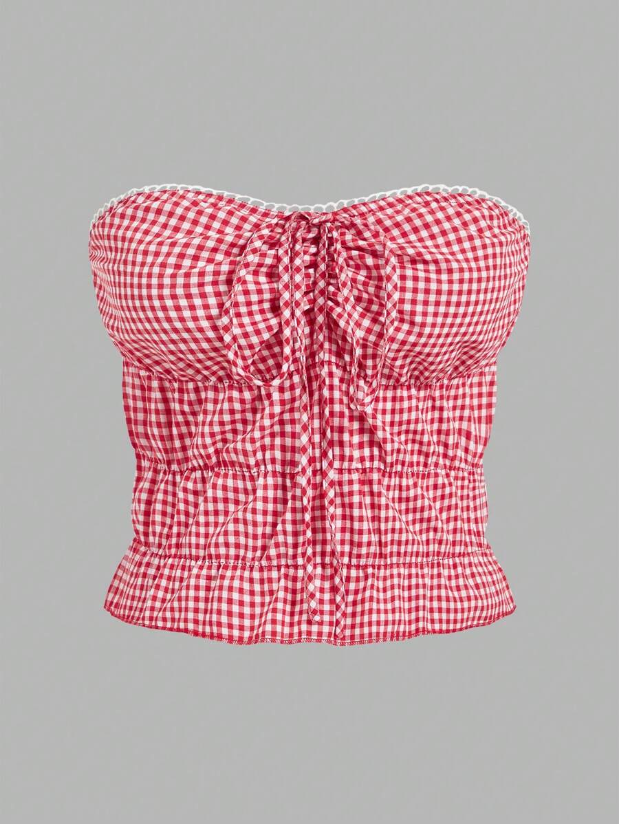 Sweetra Plus Size Red Plaid Tube Top - Fashionable, Sexy Checkered Bow Tie Sweet Cropped Bandeau Top For New Year, For Summer - Red - View 1