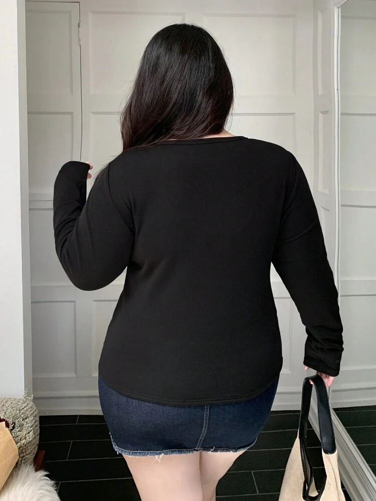 Dazy Plus Plus Size Thick Thermal Lined Solid Color Base Layer T-Shirt, For Winter Long Sleeve Women Tops,Thermal Lined Fall Tops