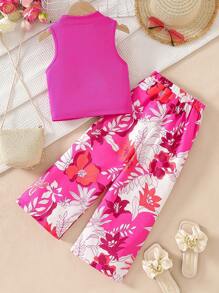 SHEIN 2pcs/Set Young Girls Summer Beach Vacation Outfits - Flutter Sleeve Top And Wide-Leg Elastic Waist Pants - Hot Pink - View 2