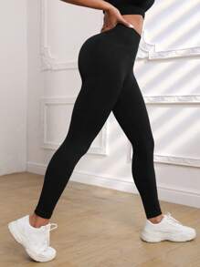 Gameset SHEIN Sport Leggings deportivos de cintura ancha de panal tejido de canalé - Negro - Ver 3