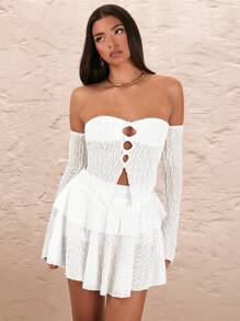 SHEIN BAE White,Summer,Seksi Chic,Club Night Women 2 Pieces Set Off Shoulder Hollow Out Button Slit Hem Top & Asymmetric Ruffle Hem Skirt Seaside Vacation Sweet - White - View 3