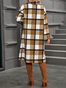 SHEIN LUNE 女士秋冬长款格子羊毛混纺大衣，翻领，大口袋，保暖