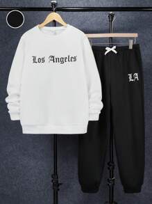 SHEIN Bộ 2 món/Bộ đồ liền quần dài cổ tròn in họa tiết thoải mái, rộng rãi cho bé trai tuổi teen, chất liệu nỉ dày dặn, phù hợp cho các dịp thu đông - Đen và trắng - Xem 1