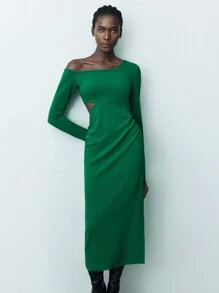 Maija Women's Solid Color Asymmetrical Neckline Long Sleeve Dress Classy Green Dress Elegant Knitted Dress
