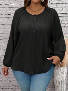 EMERY ROSE Koszula damska Plus Size z okrągłym dekoltem, guzikami z przodu i długim rękawem, prosta, swobodna