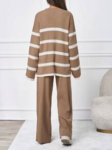 SHEIN Tall Women's Striped Drop Shoulder Sweater Two Piece Set - Camel - View 2