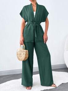 SHEIN Tall 女款純色短袖上衣與長褲兩件套，附腰帶，適合高個女性 - 墨綠色 - 查看 5