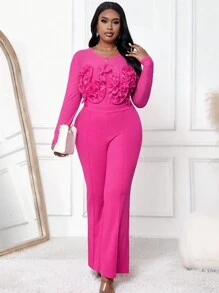 SHEIN Lady Đầm liền quần xòe bó sát in họa tiết hoa 3D cỡ lớn cho nữ màu hồng Váy dự tiệc cưới mùa thu - Màu Hồng Tươi - Xem 3