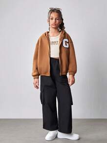 SHEIN Tween Girls' Loose Casual Letter Print Hoodie Jacket - Khaki - View 6