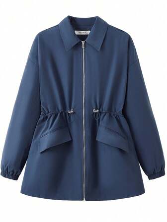 Casual Basic Zipper Adjustable Waist Jacket Trench