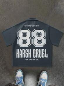 Manfinity EMRG Oversized Shirts,Men's Color-Block Simple Printed Short Sleeve Vintage Shirts - Dark Grey - View 2