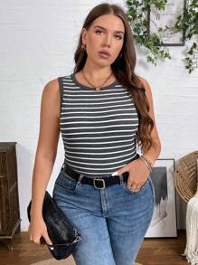 SHEIN LUNE Bộ 3 áo tank top nữ cỡ lớn mùa thu, cổ tròn, kẻ sọc (đen, trắng, xám) thích hợp cho thể thao, du lịch và sân bay. - Nhiều màu - Xem 6