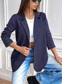 SHEIN Unity 海军蓝条纹女式专业工作西装外套 - 寶藍色 - 查看 4