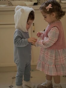 SHEIN 2pcs Baby Girl Plus Fleece Thick Vest Dress Suit, Pink Plaid Princess Dress, Spring Autumn - Pink - View 8