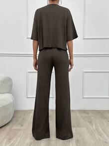 SHEIN Tall Áo thun cotton đơn giản mùa hè trơn rộng rãi tay ngắn thả vai và quần ống đứng - màu nâu - Xem 2