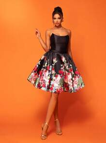 Smilprince Floral Print Empire Waist Puffy Tube Elegant High Society Banquet Dress Prom Semi Formal Wedding Guest Dress, For Birthday, Graduation, Homecoming Party Dress