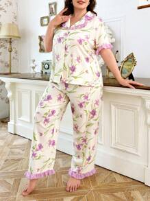 Conjunto de pijama de talla grande con volantes de cuello de gasa de burbujas con estampado floral de contraste de color