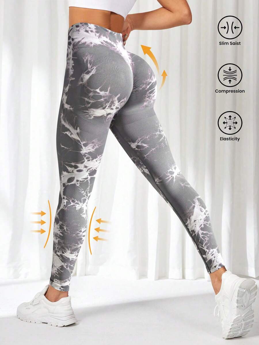 Core Rhythm 扎染宽腰运动紧身裤瑜伽女裤 - 灰色 - 查看 1