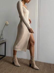 INAWLY Women's Solid Color Simple Casual Long Sleeve Split Sweater Dress Fall Cloth For Women - Apricot - View 5