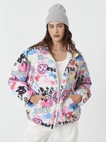SHEIN EZwear Abrigo acolchado corto holgado con capucha, de patrón de teñido anudado y grafiti, informal de otoño invierno
