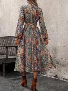 EMERY ROSE 女式全印花长袖前系带中长连衣裙，秋季休闲 - 綠色 - 查看 3