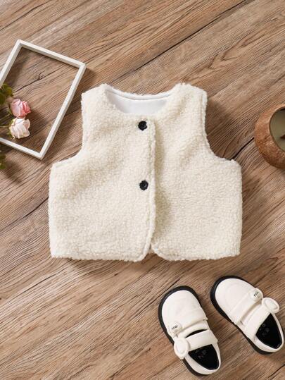 SHEIN Vintaside Kids 女婴厚款保暖白色蓬松无袖休闲运动夹克，适合秋冬季