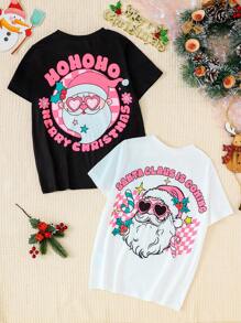 2 peças Tween Girl Natal Papai Noel Imprimir Costas Manga Curta Outfit