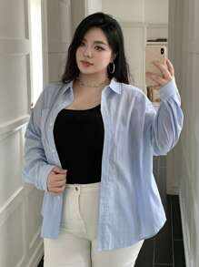 Dazy Plus 大码休闲条纹宽松 Polo 领衬衫 - 藍色 - 查看 4