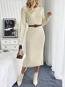 Chiquease Vestido de suéter casual de cuello redondo de manga larga de un solo color para mujer