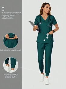 TaskEZ 2 件纯色 V 领口袋 T 恤和裤子护士制服手术服套装 - 水鴨藍 - 查看 3